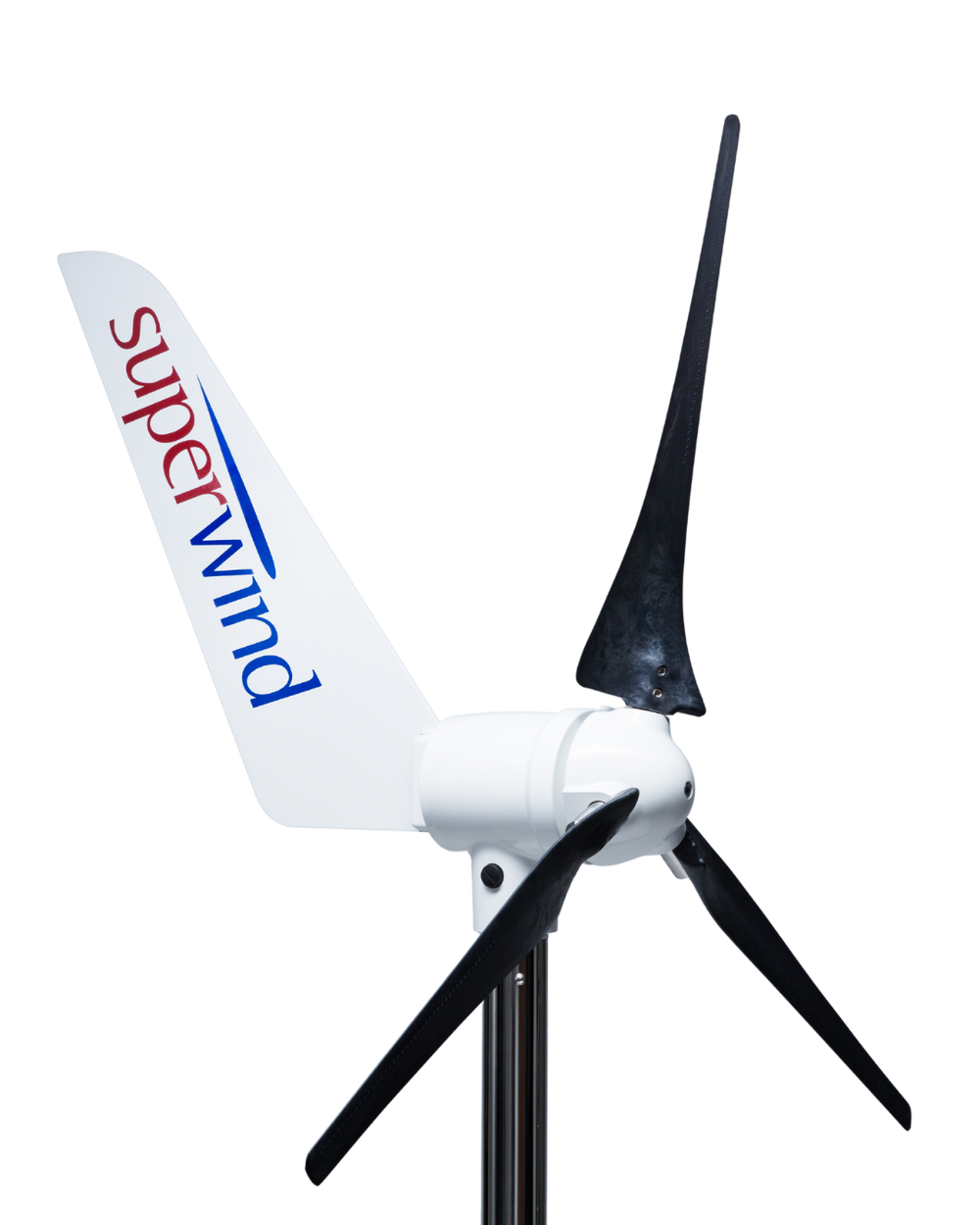 Superwind 350 II Windgenerator in weiß mit schwarzen Rotorblättern.