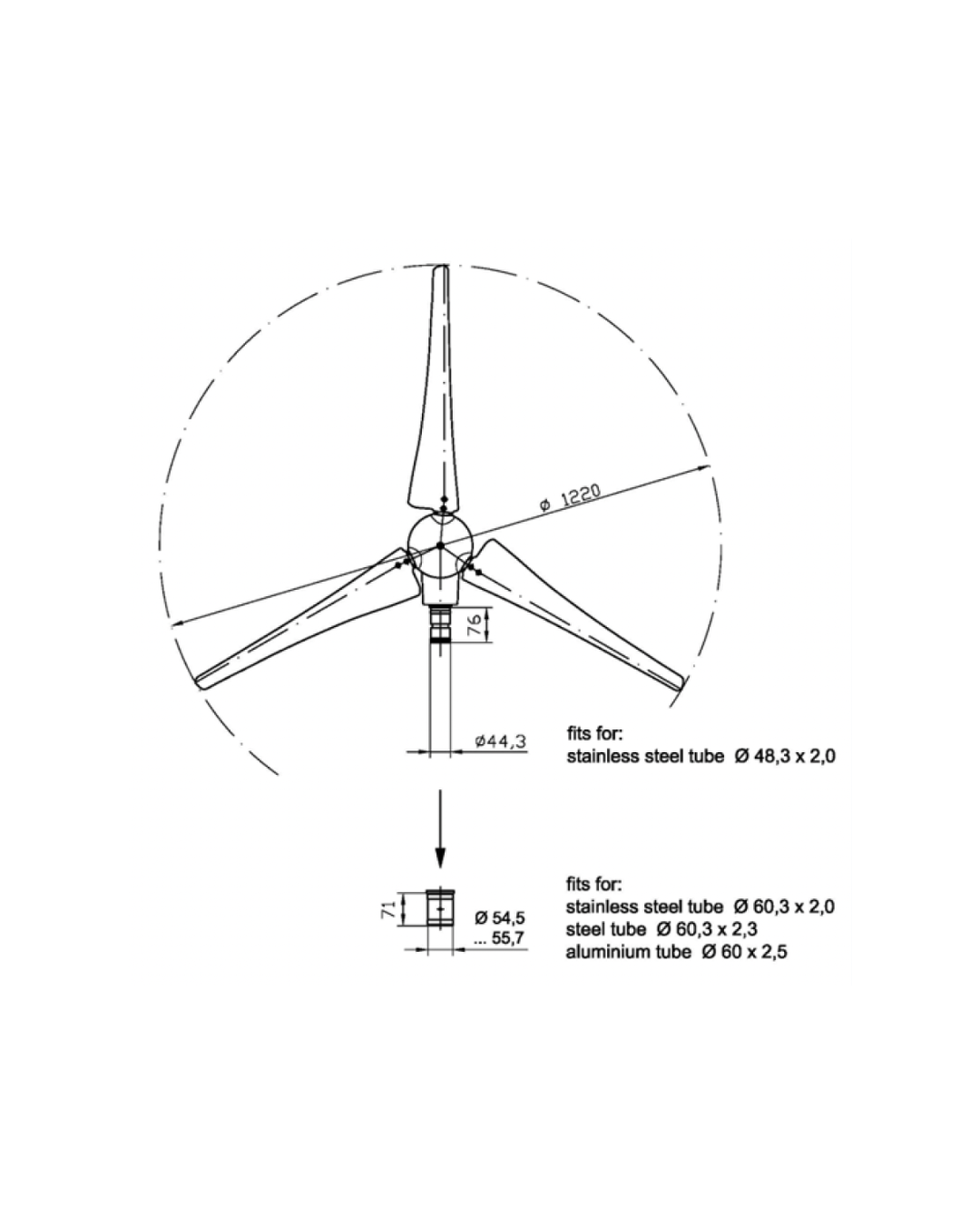 Superwind 350 II Windgenerator Grafik mit Maßen von vorne. Durchmesser mit Rotorblättern 1220 mm.