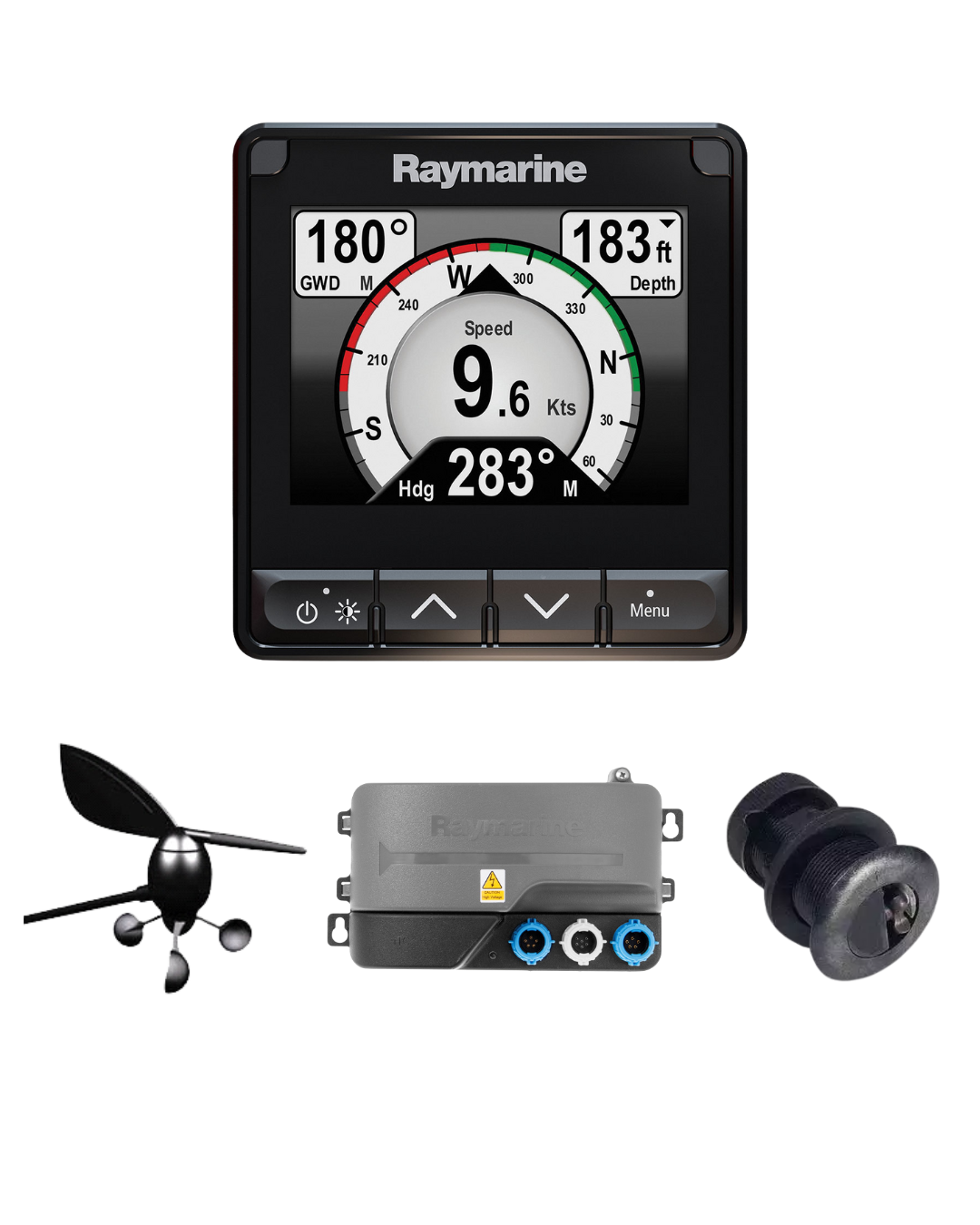 Systempaket mit Raymarine i70s Multifunktionsdisplay, Raymarine Windgeber, Raymarine iTC-5 Konverter und Raymarine DST800 Geber