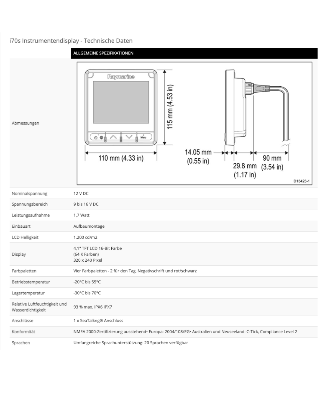 Raymarine i70s Multifunktionsinstrument Maße und technische Daten